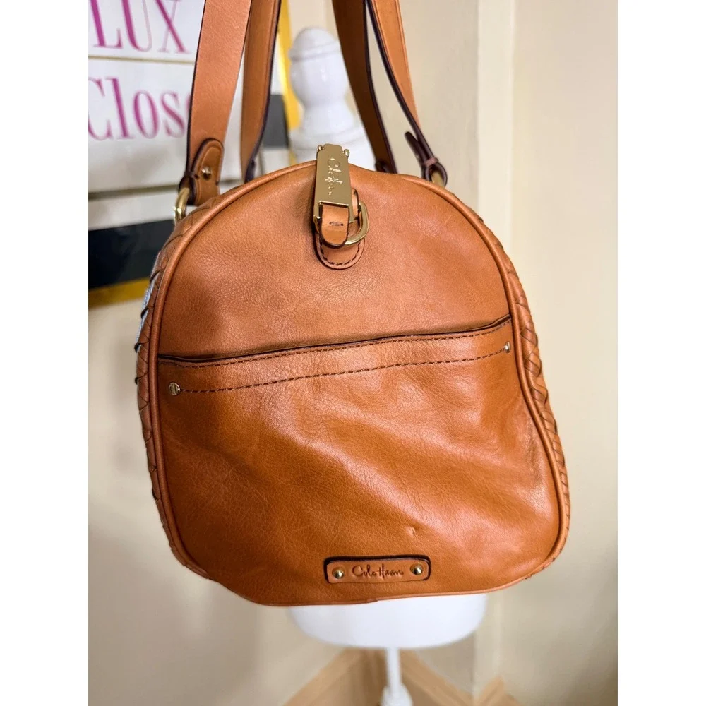 Cole Haan Tan Woven Leather Satchel Handbag Gold Hardware Cognac Shoulder Bag